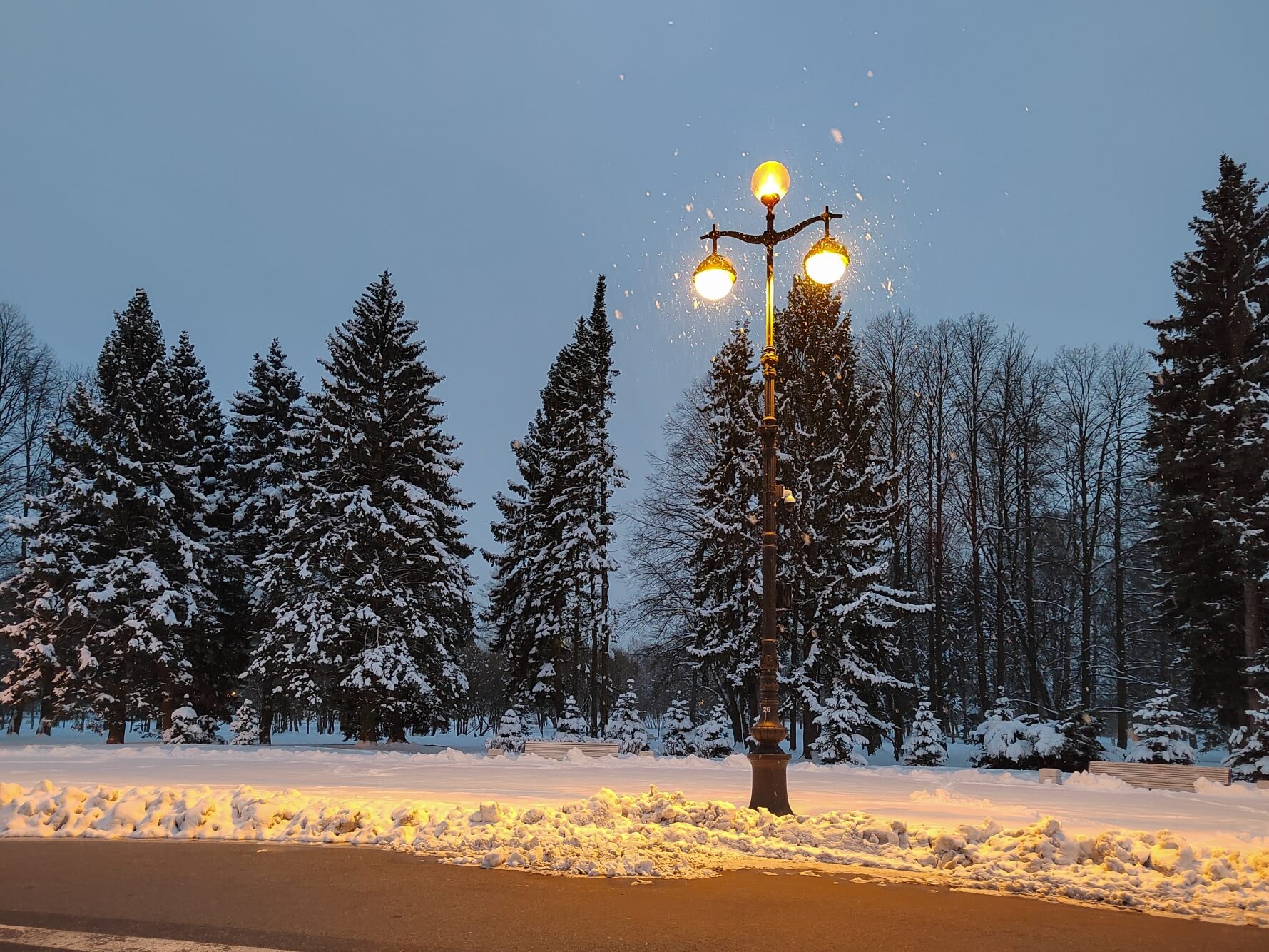 Снежинки в свете фонарей. 30 марта 2023 года. Крестовский остров